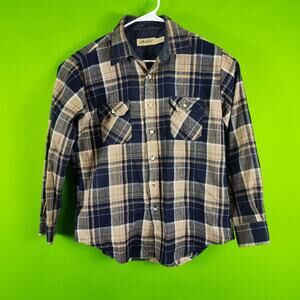 St. Johns Bay Mens Blue & Tan Plaid Button-Up Long-Sleeve Shirt Size Large